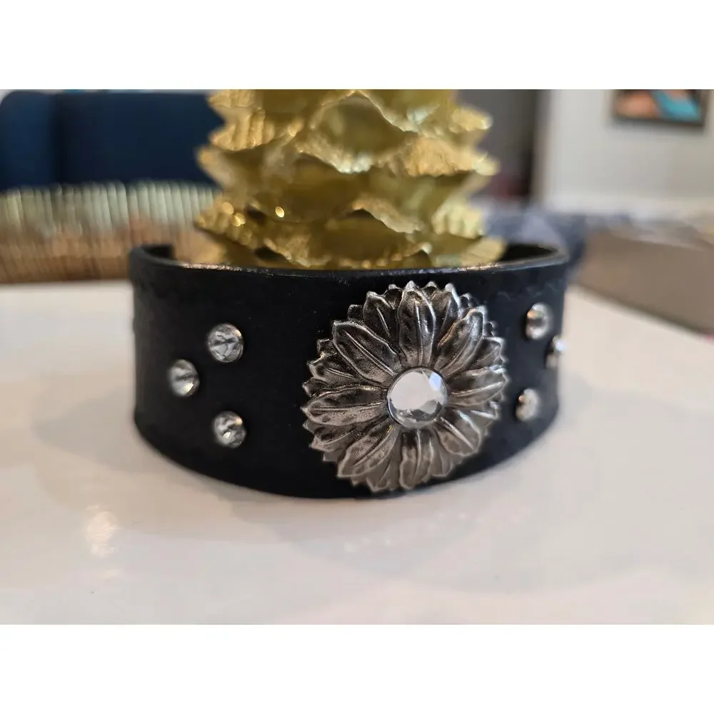 Thick Silver Flower Black Banded Bracelet